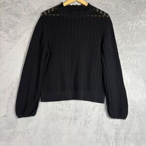 J.Crew Black Pointelle Mock Neck‎ Ruffle Trim Knit Sweater XL Minimalist Party